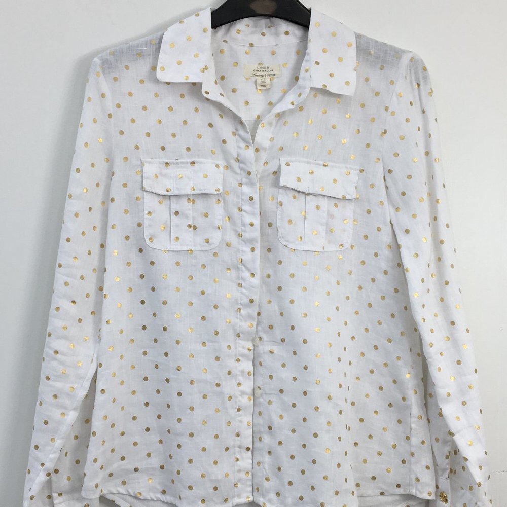 Linen Charter Club Luxury Button Down Long Sleeve Gold Polka Dot Blouse Size SP